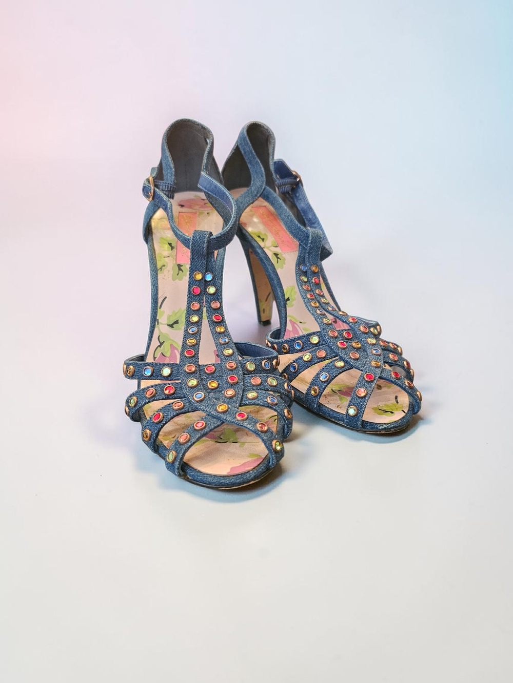 Betsey Johnson Denim Studded Rhinestone T-Strap Heels - Size 7.5